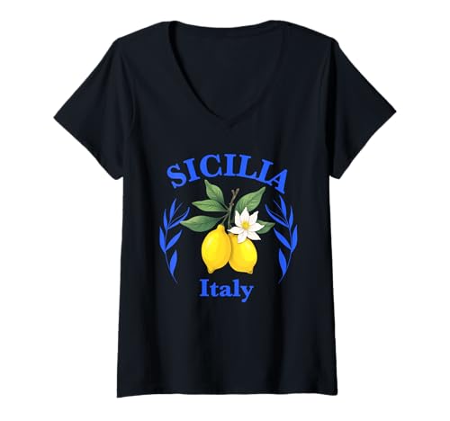 Damen Sicilia Italienisches Souvenir Italien Zitronen Souvenirs aus Sicilia T-Shirt mit V-Ausschnitt von Sicilia Italia souvenir Lemons