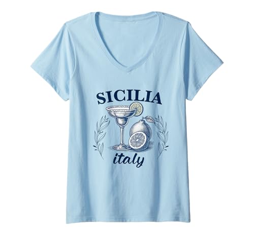 Damen Sicilia Italienisches Souvenir Italien Zitronen Souvenirs aus Sicilia T-Shirt mit V-Ausschnitt von Sicilia Italia souvenir Lemons