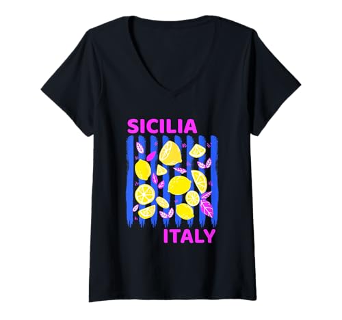 Damen Sicilia Italienisches Souvenir Italien Zitronen Souvenirs aus Sicilia T-Shirt mit V-Ausschnitt von Sicilia Italia souvenir Lemons