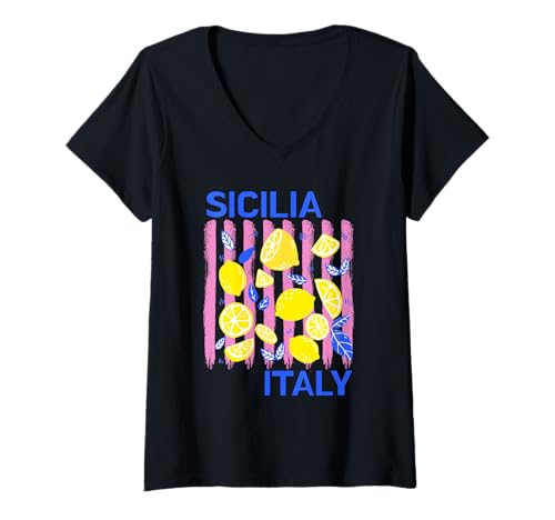 Damen Sicilia Italienisches Souvenir Italien Zitronen Souvenirs aus Sicilia T-Shirt mit V-Ausschnitt von Sicilia Italia souvenir Lemons