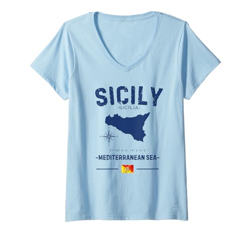 Damen Sizilien Italienische Insel Mittelmeer Karte GPS Italien Falg T-Shirt mit V-Ausschnitt von Sicilia Sicilian Flag Vacation Souvenir