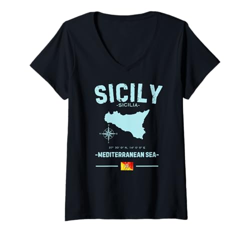 Damen Sizilien Italienische Insel Mittelmeer Karte GPS Italien Falg T-Shirt mit V-Ausschnitt von Sicilia Sicilian Flag Vacation Souvenir