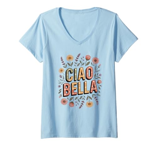 Damen Ciao Bella Italy Blume im minimalistischen Retro-Stil für Gartenliebhaber T-Shirt mit V-Ausschnitt Damen Ciao Bella Italy Blume im minimalistischen Retro-Stil für Gartenliebhaber T-Shirt mit V-Ausschnitt von Sicilian Style Venice Bloom Travel Inspired Design