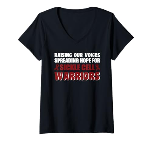 Damen Raising Our Voices, Spreading Hope for Sickle Cell Warriors T-Shirt mit V-Ausschnitt Damen Raising Our Voices, Spreading Hope for Sickle Cell Warriors T-Shirt mit V-Ausschnitt von Sickle Cell Disease, Awareness Ribbons