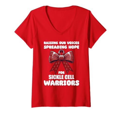 Damen Raising Our Voices, Spreading Hope for Sickle Cell Warriors T-Shirt mit V-Ausschnitt Damen Raising Our Voices, Spreading Hope for Sickle Cell Warriors T-Shirt mit V-Ausschnitt von Sickle Cell Disease, Awareness Ribbons