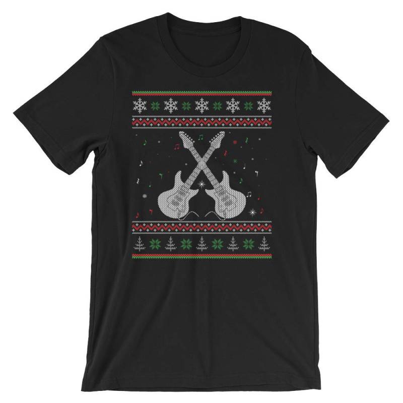 E-Gitarre Ugly Christmas Sweater Style Kurzärmeliges Unisex T-Shirt von SickofworkDesigns