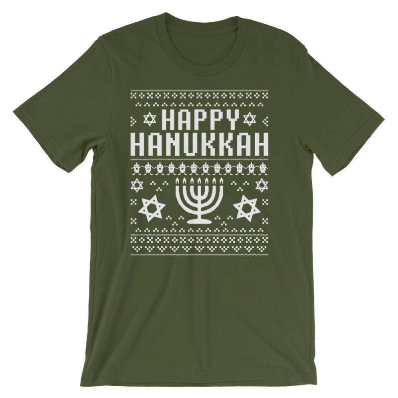 Happy Hanukkah Ugly Christmas Style Menorah Kurzärmeliges Unisex T-Shirt von SickofworkDesigns