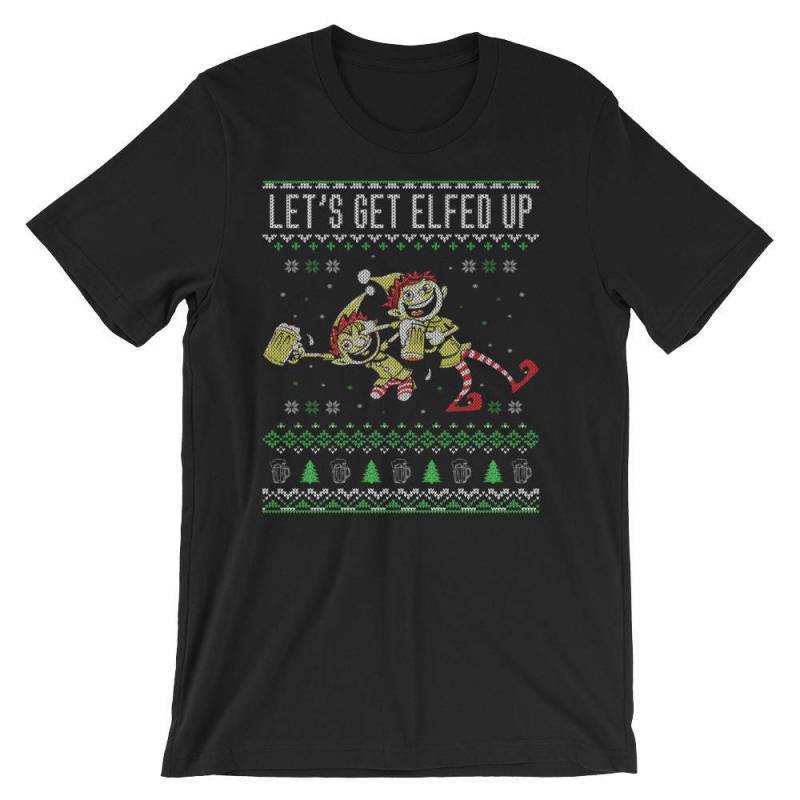 Lets Get Elfed Up Funny Drinking Ugly Christmas Pullover Style Kurzärmeliges Unisex T-Shirt von SickofworkDesigns
