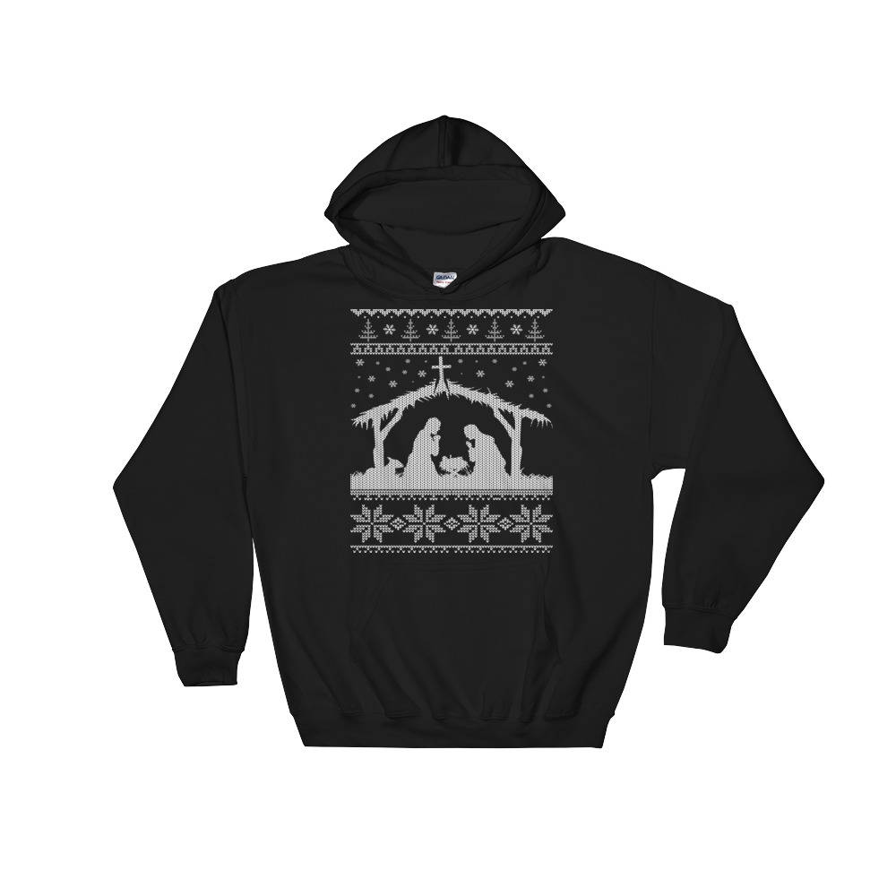 Weihnachtskrippe Ugly Christmas Sweater Style Kapuzenpullover von SickofworkDesigns
