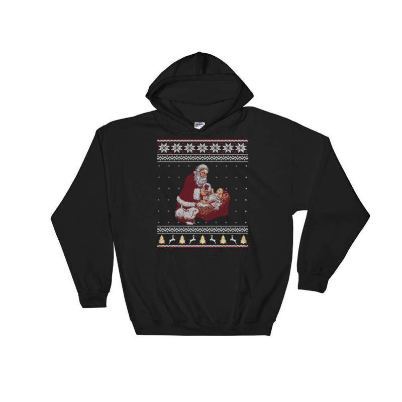 Weihnachtsmann Und Jesuskind in Der Krippe Hässlicher Weihnachtspullover Stil Weihnachten Kapuzenpullover von SickofworkDesigns
