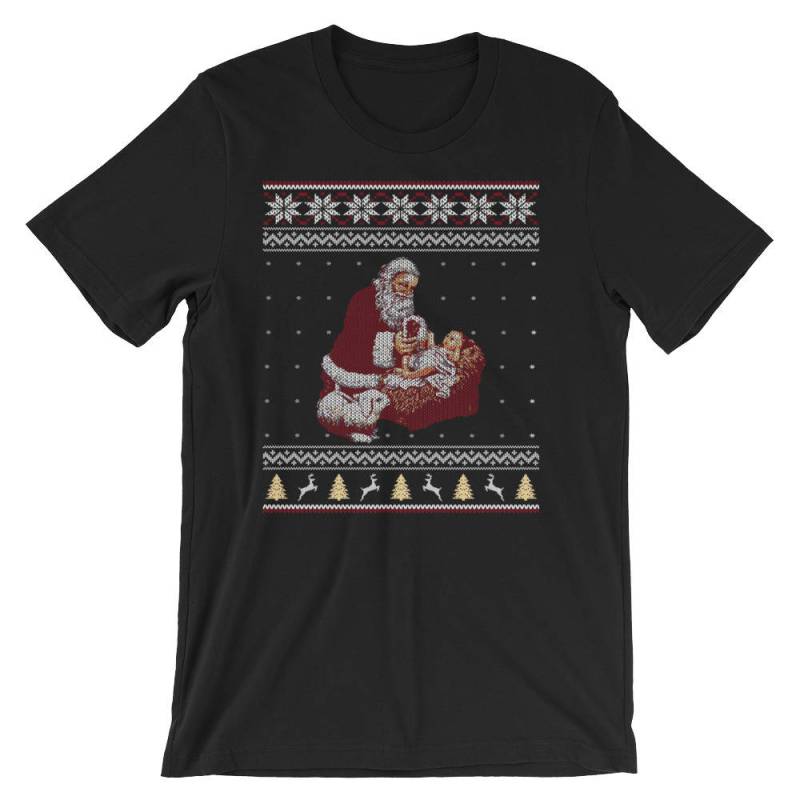 Weihnachtsmann Und Jesuskind in Der Krippe Weihnachten Kurzärmeliges Unisex T-Shirt von SickofworkDesigns