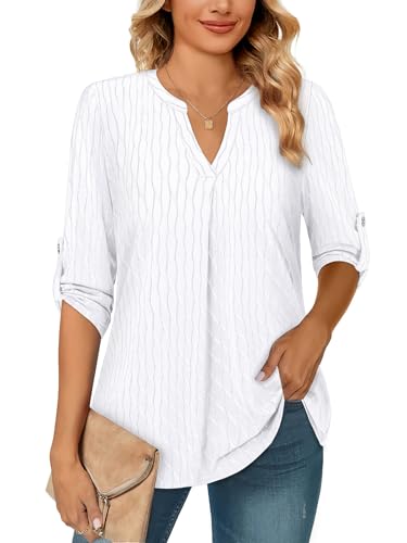 Siddhe 3/4 Ärmel Streifenshirt Tunika Tops Elegant Festlich Bluse Damen Weiß Damenbluse Frühling Frauen Casual Longshirt Business Shirt Arbeitbluse Büro Schick, M von Siddhe