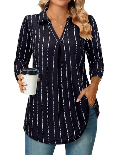 Siddhe 3/4 Ärmel Tunika Tops Bluse Damen V-Ausschnitt Oberteile Casual Longshirt Business Arbeits Elegant Schwarz-Gestreift Shirt Büro Locker Hemd mit Leggings Damenblusen, M von Siddhe