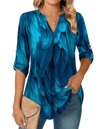 Siddhe 3/4 Ärmel Tunika Tops Elegant Festlich Bluse Damen V-Ausschnitt Damenbluse Frühling Frauen Longtunika Casual Longshirt Business Shirt Arbeitbluse Büro Hemd Schickes Damenblusen, Pfauenblau M von Siddhe