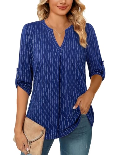 Siddhe 3/4 Ärmel Tunika Tops Elegant Festlich Bluse Damen V-Ausschnitt Damenbluse Frühling Frauen Longtunika Marineblau Longshirt Business Streifenshirt Arbeitbluse Büro, M von Siddhe