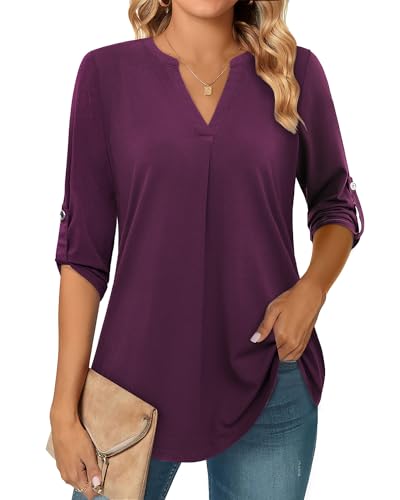 Siddhe 3/4 Ärmel Tunika Tops Elegant Festlich Bluse Damen Weinrot V-Ausschnitt Oberteile Casual Longbluse Blusenshirt Arbeits Business Shirt Büro Locker Hemd Mode Schönes Longtunika Damenblusen, M von Siddhe