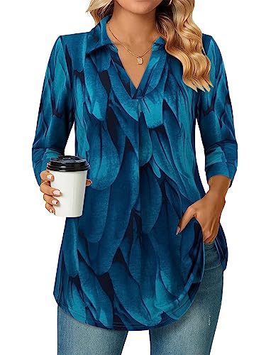 Siddhe 3/4 Ärmel Tunika Tops Longbluse Damen Elegant Festlich V-Ausschnitt Oberteile Casual Longshirt Business T-shirt Arbeits Shirt Büro locker Hemd Mode Tragen mit Leggings Damenblusen, Pfauenblau M von Siddhe