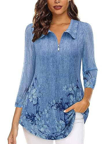 Siddhe 3/4 Arm V-Ausschnitt Elegant Tunika Lässige Lang Tunika Top Kragen Blusenshirt Damen Longbluse Frauen A-Linie Longoberteile Damen Bluse Hemd Baumwolle Frühling Herbst Strick Blumen Blau, XL von Siddhe