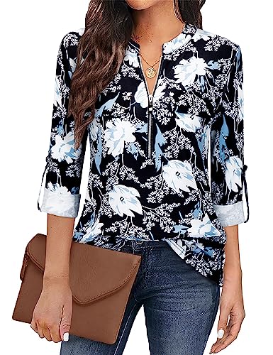 Siddhe Bluse Damen Elegant 3/4 Ärmel Blusenshirt Lässig Longbluse Damen Blusen Schicke Festliche Tops Berufskleidung Damen Bluseshirt Kleidung Weiß Blummen Bluse Damen Longbluse Lässig für Leggings, M von Siddhe