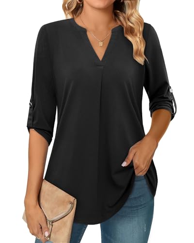 Siddhe Bluse Damen Elegant 3/4 Ärmel Lässige Lang Tunika Tops Große Größen V-Ausschnitt Henley T-Shirt Arbeits Oberteile Lockere Shirt Casual Longbluse Damenblusen Lose Office Mode Longshirt Schwarz L von Siddhe