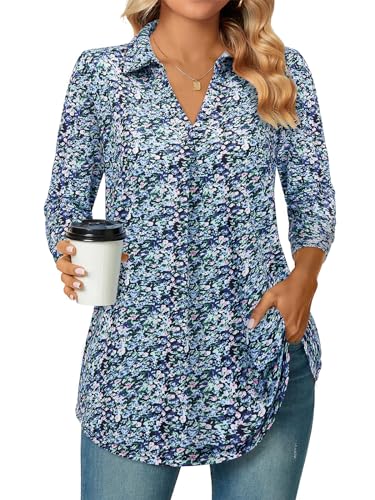 Siddhe Bluse Damen Elegant 3/4 Ärmel Tunika Tops Große Größen V-Ausschnitt Arbeits Oberteile Lockere Shirt Casual Longshirt A-Linie Damenblusen Lose Office Mode Hemd, Blau Blumen L von Siddhe