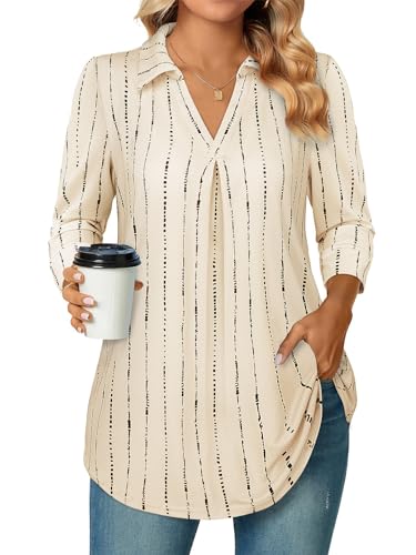Siddhe Bluse Damen Elegant 3/4 Ärmel Tunika Tops Große Größen V-Ausschnitt Arbeits Oberteile Lockere Shirt Casual Longshirt A-Linie Damenblusen Office Mode Beige Gestreift Hemd, L von Siddhe