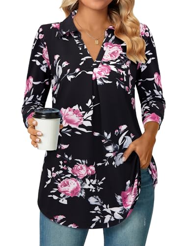 Siddhe Bluse Damen Elegant 3/4 Ärmel Tunika Tops Große Größen V-Ausschnitt T-Shirt Arbeits Oberteile Lockere Shirt Casual Longshirt A-Linie Damenblusen Lose Office Mode Hemd Schwarz, Blumenmuster L von Siddhe