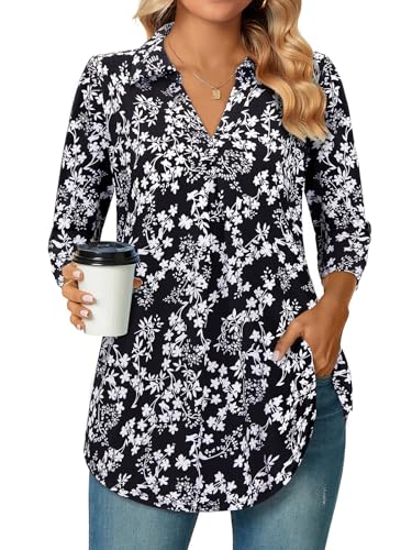 Siddhe Bluse Damen Elegant Bluseshirt Tunika Tops 3/4 Ärmel Oberteile V-Ausschnitt T-Shirt Lockere Arbeits Tops Lässige Longshirt A-Linie Damenblusen Shirt Weiche Mode Flowy Hemd, Schwarz Blumen XL von Siddhe