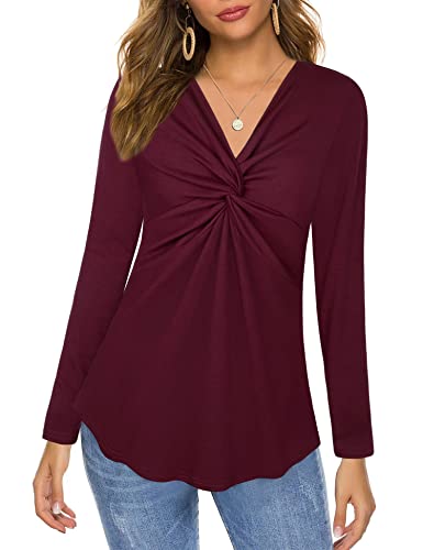 Siddhe Bluse Damen Elegant Festlich Tunika V-Ausschnitt Oberteile Langarm T-Shirt Twist Front Longbluse Damen A-Linie Tops Mode Lässig Damen Hemd Herbst Winter Longshirt,Weinrot M von Siddhe