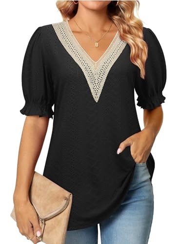 Siddhe Bluse Damen Elegant Kurzarm T-Shirt Damen Spitzen Oberteile V-Ausschnitt Sommer Tunika Festliche Longshirt Musselin Blusenshirt Damen Sommerblusen Elegant DamenOberteile, Schwarz XXL von Siddhe