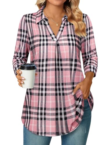 Siddhe Bluse Damen Elegant Tunika Tops 3/4 Ärmel Oberteile V-Ausschnitt Lockere Arbeits Tops Lässige Longshirt A-Linie Damenblusen Rosa Kariert Shirt Weiche Mode Flowy Hemd, XL von Siddhe
