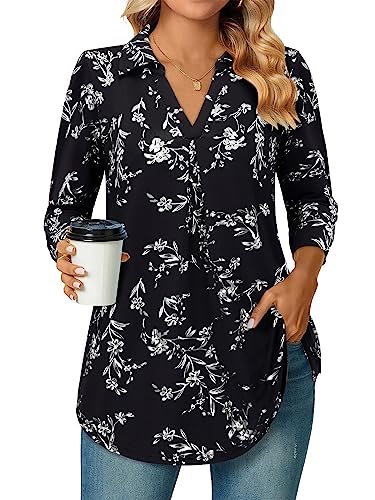 Siddhe Bluse Damen Elegant Tunika Tops Elegant 3/4 Ärmel Schwarz Shirt Modern Oberteile V-Ausschnitt Lockere Arbeits Tops Lässige Longshirt Schwarz Damenblusen Shirt Weiche Hemd, XL von Siddhe