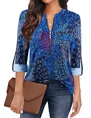 Siddhe Bluse Damen Elegant Festliche Tunika V-Ausschnitt Oberteile 3/4 Ärmel Arbeit T-Shirt Reißverschluss Longbluse Damen A-Linie Tops Arbeit Hemd Business Longshirt Blau Grün, M von Siddhe