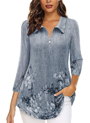 Siddhe Blusen Damen Elegant Dreiviertelarm Frauen Tunika Lange Schickes Damen Bluse Festlich Longbluse Lang Tshirt Damenoberteil zur Hochzeit Freizeit Leicht Herbst Frühling Locker Tunika Grau,XL von Siddhe