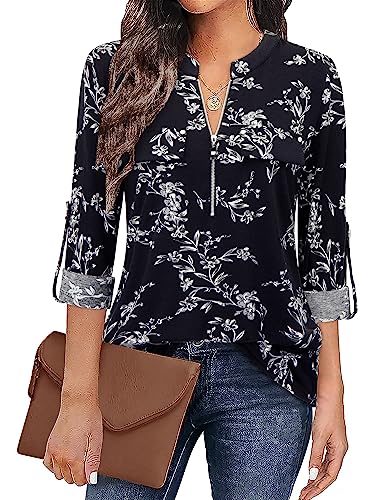 Siddhe Blusen Damen Elegant Festlich, Damen Elegant Bluse mit 3/4 Ärmel Leicht Lang Tunika Damen Longbluse V-Ausschnitt Hemdbluse Damen Baumwolle Blusenshirt, Schwarz Blummen L von Siddhe