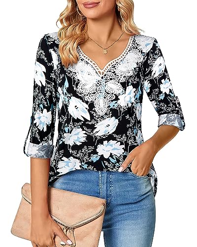 Siddhe Blusen Damen Elegant Festlich, Oberteile Damen Elegant Spitze Bluse mit 3/4 Ärmel Leicht Lang Tunika Damen Longbluse V-Ausschnitt Hemdbluse Damen Baumwolle Blusenshirt, Blummen Weiß Große Größe von Siddhe