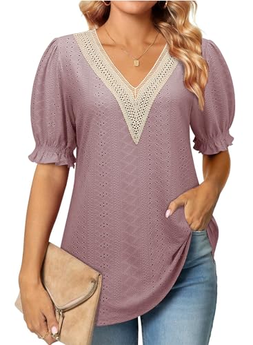 Siddhe Blusen Damen Elegant Kurzarm T-Shirt Spitze Schick Festlich Sommer Oberteile Lang Tunika Damen Casual Blusenshirt Baumwolle Longshirt Damen Blusen, Rosa XL von Siddhe