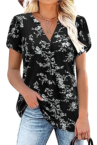 Siddhe Blusen Damen Elegant Kurzarm Tunika Sommer Longshirt Damen V-Ausschnitt Lässig Baumwolle Sommershirts Damen Leicht und Luftig Bluse Frauen Tunika Shirt Damen Kurzarmoberteile, M von Siddhe