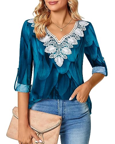 Siddhe Blusenshirt Damen 3/4 Arm Bluse für Damen Elegante Oberteile Abendblusen Damen Festlich Mode Frühling Tunika Bluse A Linie Damen Longbluse Blumen Blusen Spitze Freizeitbluse,Grün 2XL von Siddhe