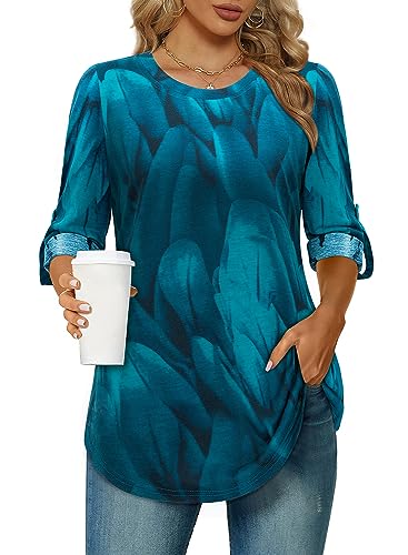 Siddhe Blusenshirt Damen 3/4 Arm Hemd Damen Lang Blaue DamenOberteile Blaue Tops Elegant Hemd Mittlere Tunika Lässig Lang Shirt Blusen Rundhalsausschnitt Longbluse Lässig, M von Siddhe