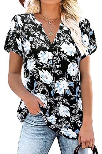 Siddhe Blusenshirt Damen Kurzarm Bluse Elegant Tunika Longshirt Stretch Sommer Oberteile Locker Leicht Büro Outfit Lässig A-Linien Shirt Sommerliche Oberteile, Blumen XL von Siddhe