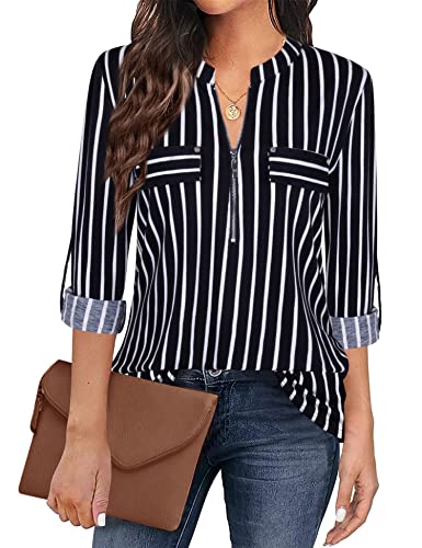 Siddhe Damen 3/4 Ärme Bluse V-Ausschnitt Longbluse Reißverschluss Tunika Business Oberteile Tops A-Linie T-Shirt Gestreifte Arbeit Hemd Langarmshirts Schwarz Gestreifte, S von Siddhe