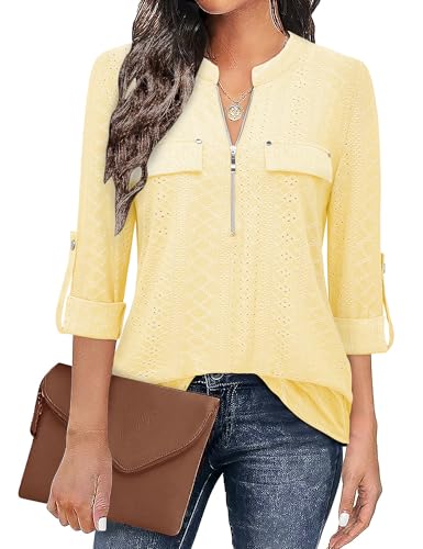 Siddhe Damen 3/4 Ärme Shirt Bluse Elegant Longshirt V-Ausschnitt Reißverschluss Elegant Tunika Oberteile Tops A-Linie Grün Hohler Shirt Damenmode Blusen Arbeit Hemd Langarmshirts, Gelb S von Siddhe