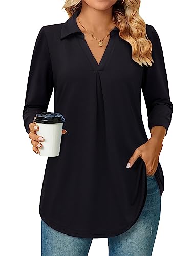 Siddhe Damen Bluse 3/4 Ärmel Oberteile V-Ausschnitt Tunika T-Shirt A-Linie Locker Arbeit Longshirt Lässige Business Shirt Fließende Mode Süße Hemd Büro Damenblusen Einfarbig Schwarz,XXL von Siddhe