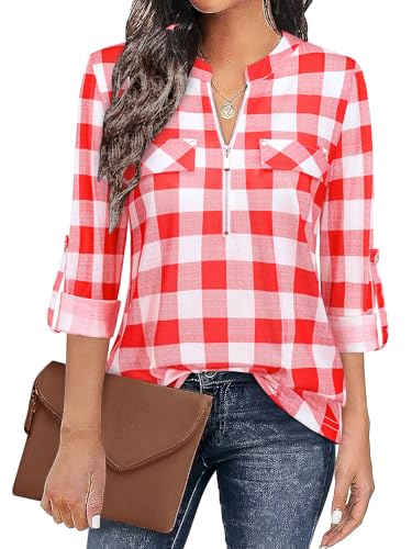 Siddhe Damen Bluse 3/4 Ärmel Shirt Kariert V-Ausschnitt Tunika Damen Oberteile Elegant Longshirt Tops Longbluse A-Linie Arbeit Lässige Damenmode Damenblusen Rot&Weiß, 3XL von Siddhe