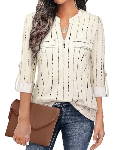 Siddhe Damen Bluse 3/4 Ärmel Streifenshirt V-Ausschnitt Tunika Damen Oberteile Elegant Longshirt Tops Longbluse A-Linie Arbeit Lässige Damenmode Damenblusen Beige Gestreifte, 3XL von Siddhe