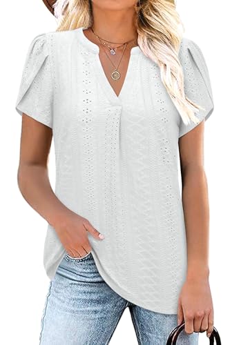 Siddhe Damen Bluse Elegant Festlich Kurzarm T-Shirts Longbluse für Frauen Elegant Einfarbige Sommerbluse Tshirts Locker Oberteile Weite Formell Bluseshirt, Weiß M von Siddhe