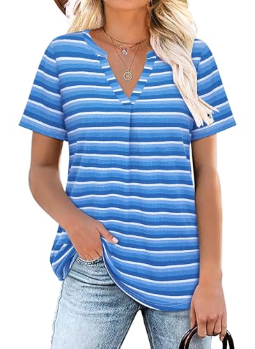 Siddhe Tunika Damen Kurzarm T-Shirt Gestreift Casual Bluse Festlich Party Longshirt Longbluse für Strand Lässig Oberteile, Blau Streifen M von Siddhe
