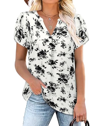 Siddhe Damen Bluse Elegant Festlich Kurzarm T-Shirts Longbluse für Frauen Elegant Sommerbluse Weit Geschnittene Tshirts Locker Oberteile Weite Blütenblatt Ärmel Formel Bluseshirt, Beige M von Siddhe