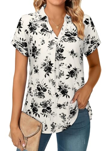 Siddhe Damen T-Shirt, Casual Kurzarm Bluse Longshirt Geblümt V Ausschnitt, Sommer Tunika Longbluse Lässige Shirt Oberteil für Strand, Beige mit Schwarze Blumen, M von Siddhe